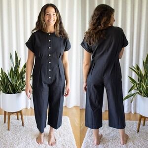 Micaela Greg Jumpsuit Black Cotton Button Front Wide Leg Jumpsuit Size M